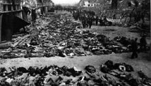 Rows of bodies of dead inmates fill the yard of Lager Nordhausen, a Gestapo concentration camp